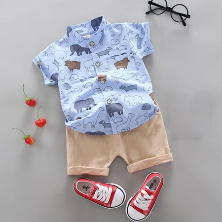 

Baby Kids Boys Short Sleeve Animal Print Gentleman Shirts Tops+Shorts Pants Set