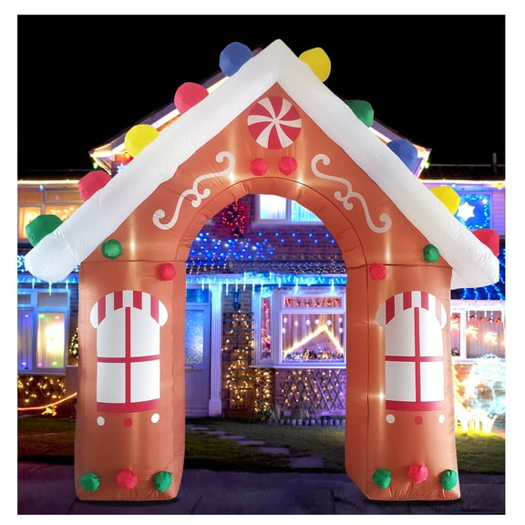 10FT Christmas Inflatables Gingerbread House Archway Outdoor Decorations, Giant Christmas Arch Blow Up Yard Decorations with LED Lights Built-in