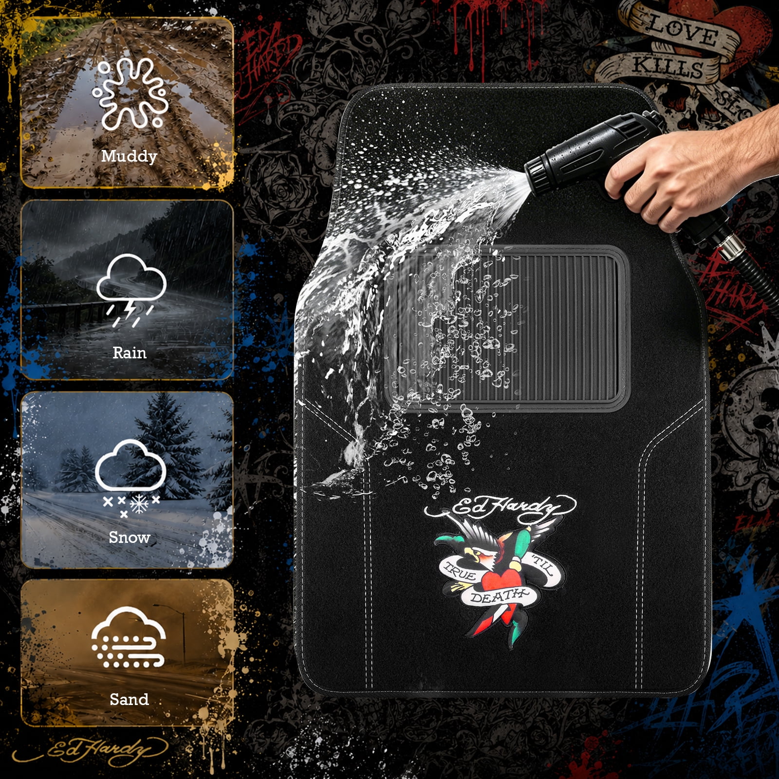 Ed Hardy Car Floor Mats, Fashion Print Carpet Floor Mats Set with Dagger Heart & Eagle Graphic, Faux Leather Floor Mats, Front and Rear Interior Protection for Cars, Trucks and SUVs