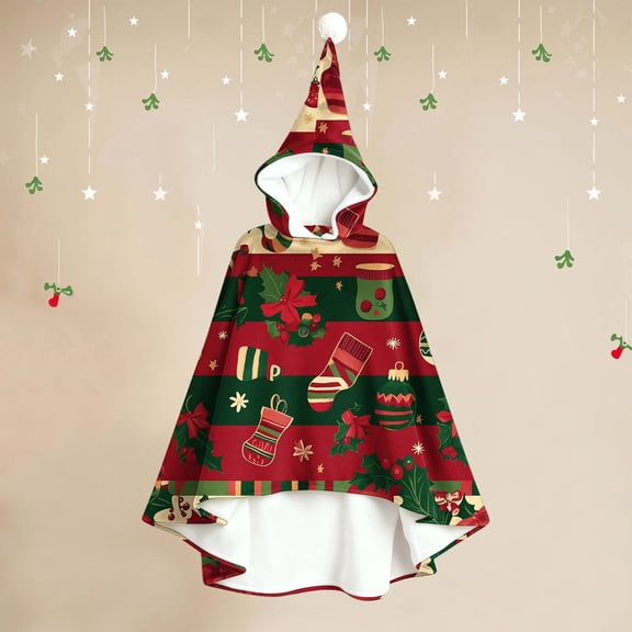 TtopsQueen Kids Printed Christmas Hooded Cape with Holly Stocking Pattern Lined Pom Pom Tip Hat Holiday Cloak for Party Dress Up Red,Free Size