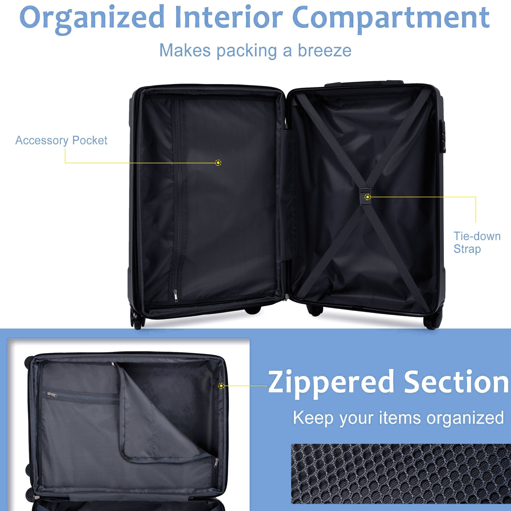 Euroco Carry-On Luggage Set 3 Piece,ABS Lightweight Durable Suitcase with Spinner Wheels, TSA Lock & 2 Packing Cubes,20 Inch Hardshell Airline Approved Luggage for Men Women Travel,Sky Blue
