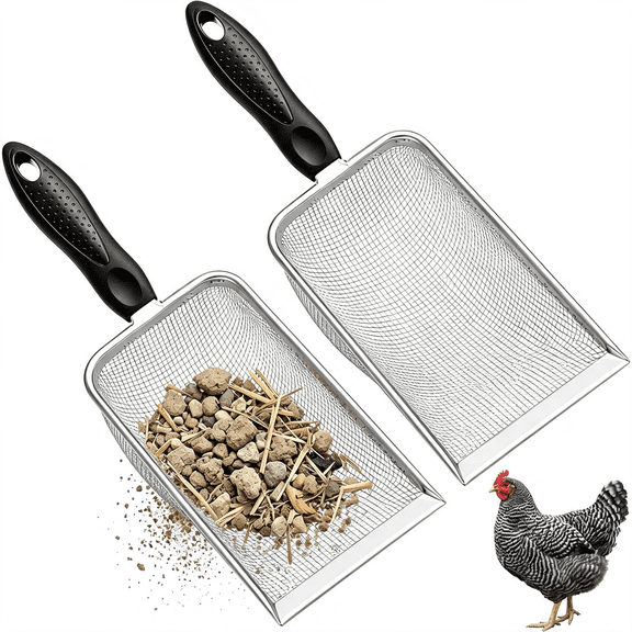 KASIU Chicken Poop Scooper for Coop,2 Pack Chicken Coop Poop Scoop Shovel with 3.8Mm & 5Mm Mesh,Metal Chicken Coop Rake and Scoop Tool,Scooper Shovel for Chicken Litter,Sand,Chicken Coop Supplies