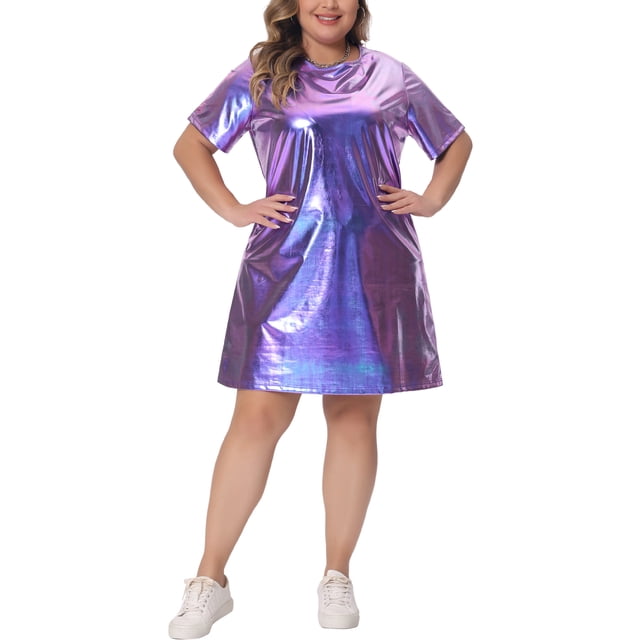GRACE & GRANDEUR Robe Grande Taille pour Femmes Col Rond Métallique Manches Courtes Soirée Clubwear Robe T-Shirt Ample 1X Violet