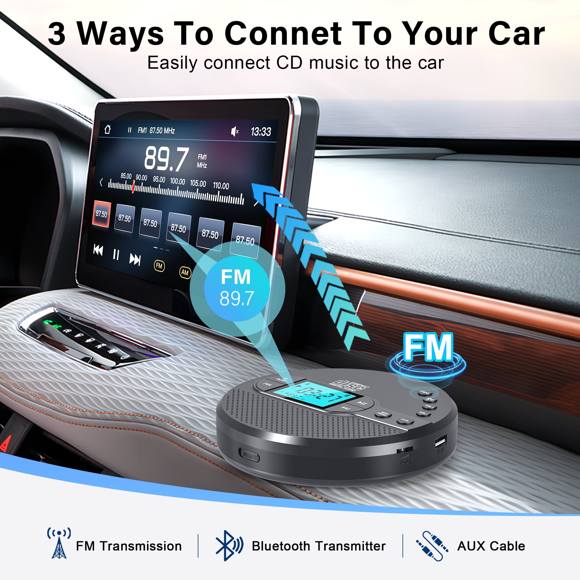 Portable CD Player with Bluetooth, CD Player for Car with USB Port, for Adult, Jogging