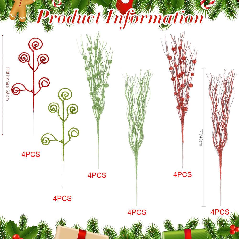 24 Pcs Christmas Red Green Artificial Glitter Curly Berry Stems Ornaments, Fake Christmas Candy Picks, Decorative Glitter Sticks Branches, for Xmas Tree Wreath Crafts Vase Filler Home