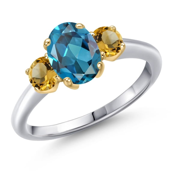 Gem Stone King 925 Silver and 10K Yellow Gold London Blue Topaz and Yellow Citrine Engagement Ring for Women | 2.01 Cttw | Oval 8X6MM | Gemstone November Birthstone | Size 6