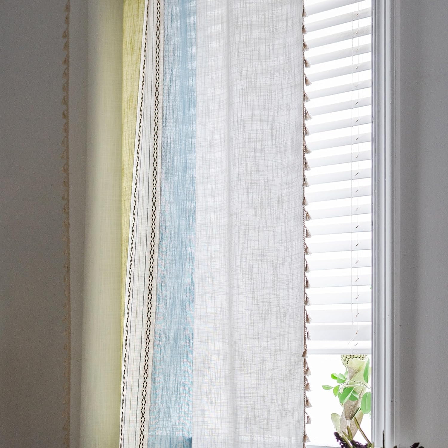 AIGIA Boho Linen Curtains for Bedroom Living Room Semi Blackout Farmhouse Tassels Bohemian Embroidery Drape Rod Pocket 1 Panel