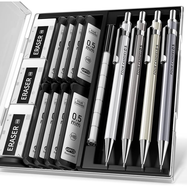 czcpp-0.5mm Mechanical Pencil Set with Case - 4PCS Metal Mechanical Pencils, 8 Tubes HB #2 Lead Refills, 3PCS 4B Erasers and 9PCS Eraser Refills, Lead Mechanical Pencils for Writing & Drawing