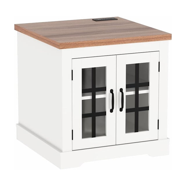 AKDSteel Buffet Cabinet With Storage, Sideboard With Glass Doors And Built-In Power Outlet, Elegant Walnut Top For Kitchen Or Living Room