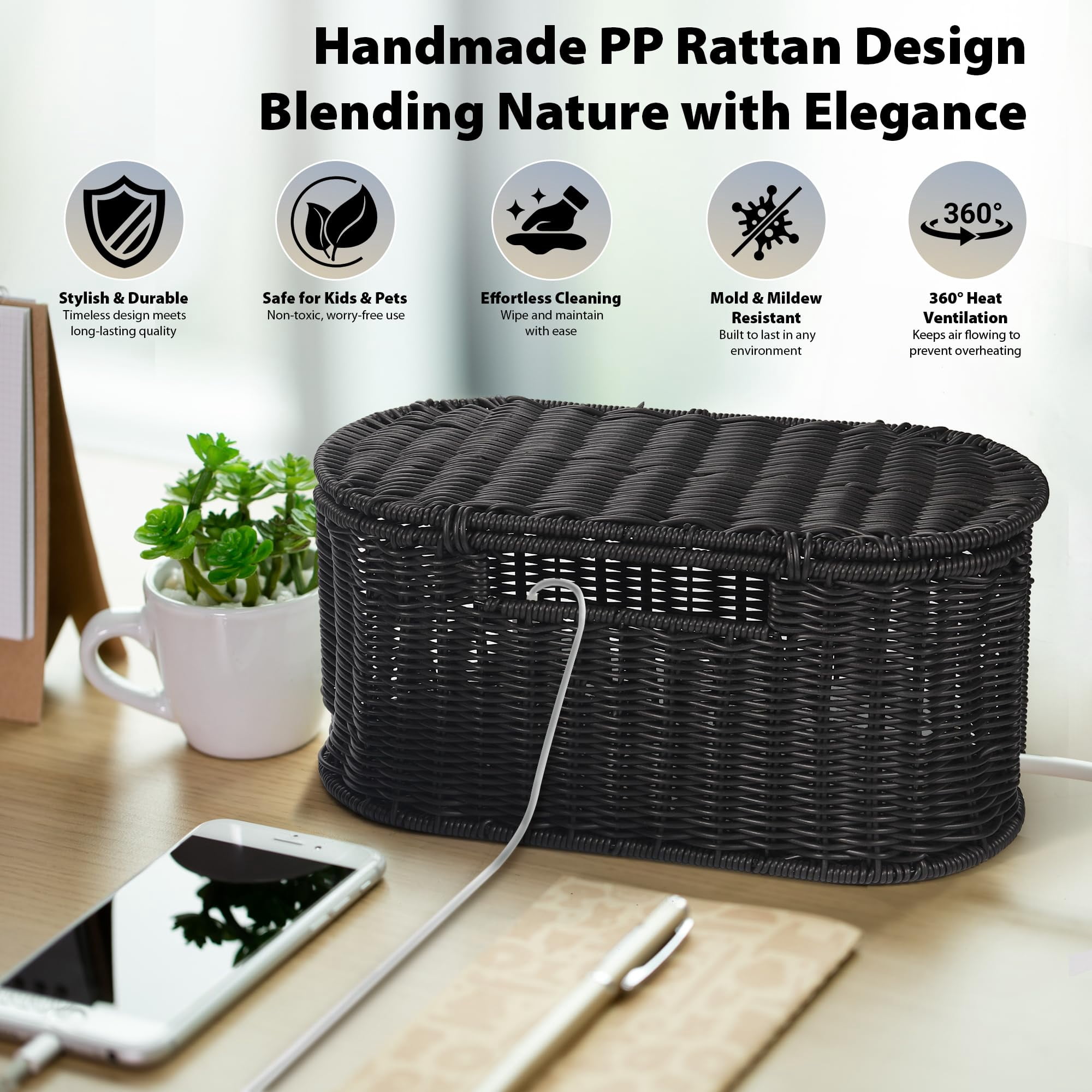 Handwoven Rattan Style Cable Management Box  Cord Organizer With Outlet Covers Hider For Power Strips Tidy Desk Floor And Home Organization
