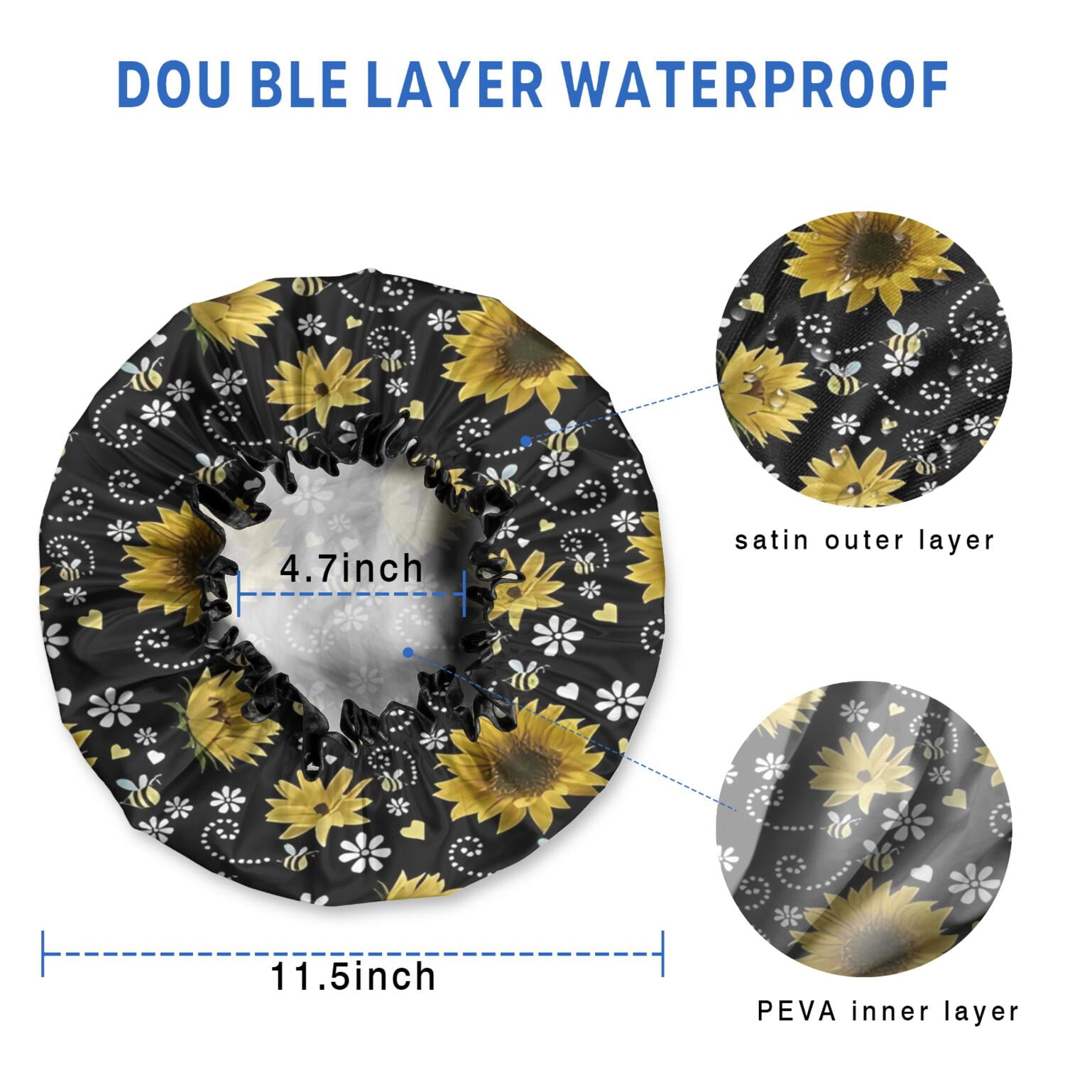 Shower Caps,Black White Bee Heart Sunflower Pattern Waterproof Shower Cap for Women 4 Pieces,Double Reusable Hair Cover for Shower PEVA Elastic Stretch Hem