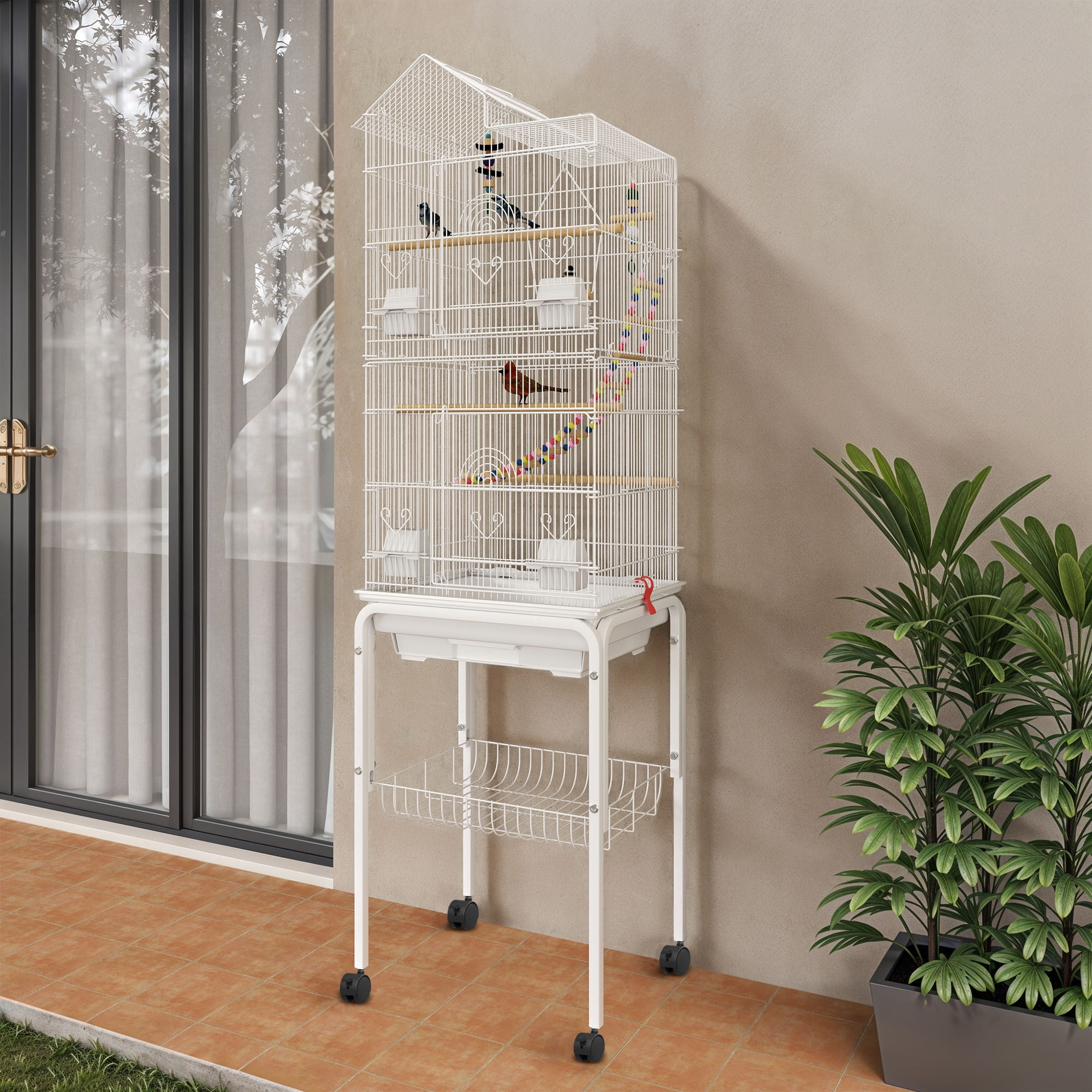 Uforic 62" Rolling Metal Birdcage with Rolling Stand and Castor Wheels and 3 Perches and 4 Feeders, Slide-Out Tray, White