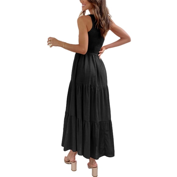 Qarigey Vestido largo de mujer estético sin mangas plisado un hombro vestido de noche Club playa vacaciones mujer ropa de verano Vestidos Negro S Qarigey AP011089-13