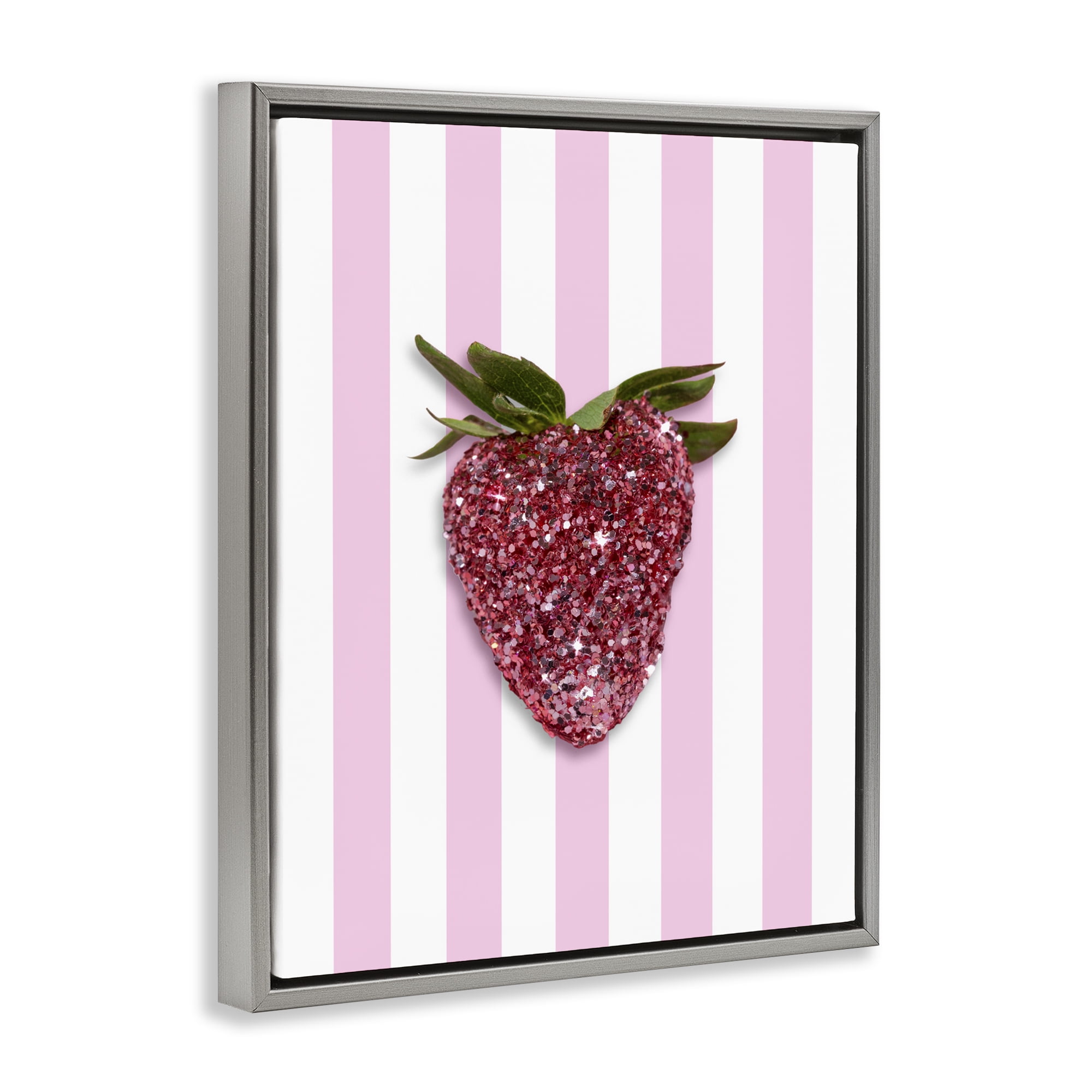 Stupell Industries Glimmer Strawberry on Green Stripes Gray Framed Floater Canvas Wall Art, design by LISH Creative