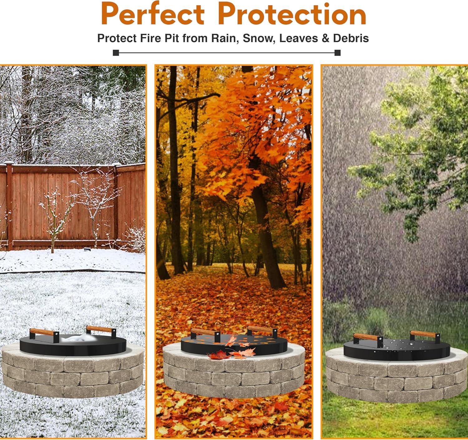 FEBTECH - Fire Pit Solid Cover Compatible with Fire Pit Inside Up to 23" - with 2 Wooden Handles