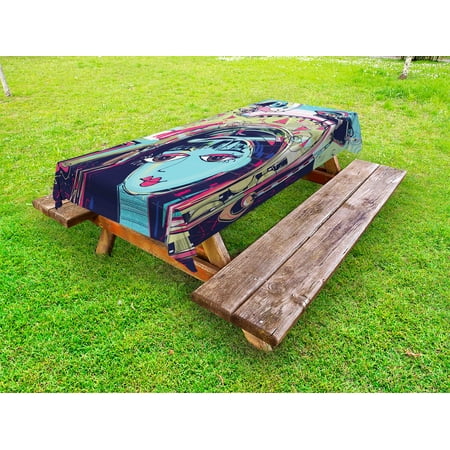 

Modern Art Outdoor Tablecloth Funk Style Avatar Woman with Cat on Her Head Graffiti Unusual Human Humor Art Decorative Washable Fabric Picnic Tablecloth 58 X 104 Inches Multicolor by Ambesonne