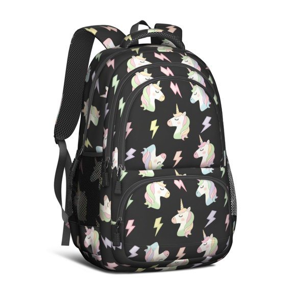Unicorn Cat and Lightning Black Pattern Backpack for School, Cute School Bag with Adjustable Shoulder Straps and Padded Back, 16.9"x12.6"x5.9"