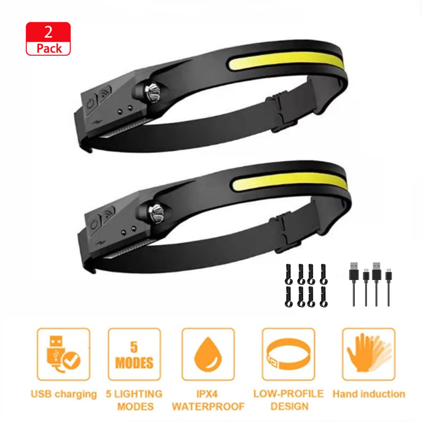 LED Headlamp Rechargeable Pack, 230° Wide Beam Headlight with Motion  Sensor, Modes Waterproof Head Lamp with Clips