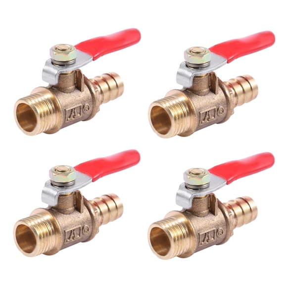 4pcs 10mm x 1/4 Inch PT Male Thread Full Port Lever Handle Hose Barb Brass Ball Valve