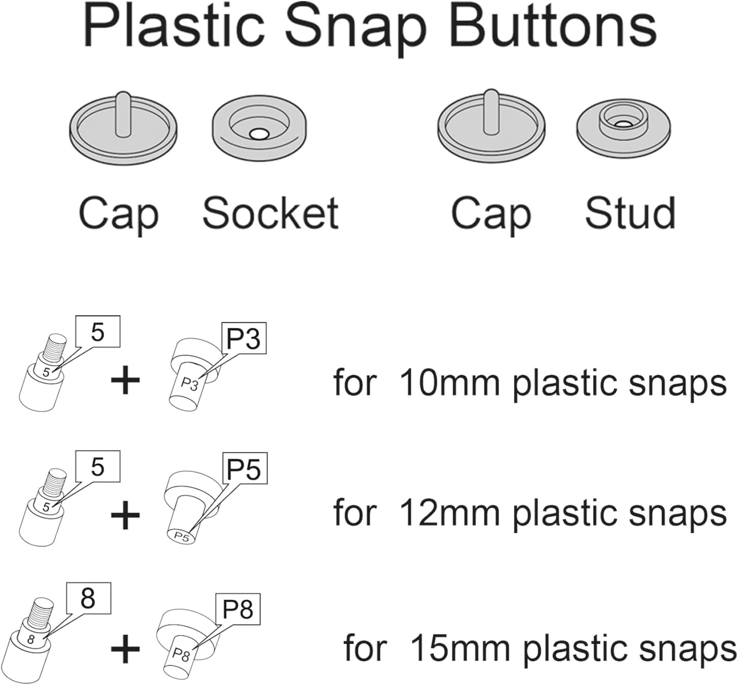Plastic Snap Fastener Kit with Plier Screwdriver Awl and Storage Case, 100 Sets Snaps, 9 Colors T5 Buttons, 12mm Cap. Snap Plier for T3(10mm), T5(12mm), T8(15mm) Buttons, Grey