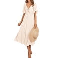 thumbnail image 2 of Yunliwuli Women Midi Dress Solid Color V-Neck Tie Knot Front Ruched Short Sleeve Dress Summer Casual Dress A-line Dress, 2 of 9