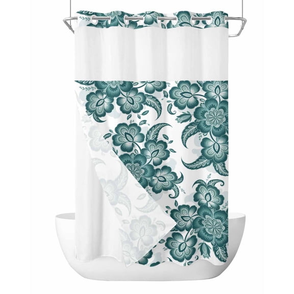 No Hook Cloth Fabric Shower Curtain with Snap in Liner, Teal Green Flower Waterproof Shower Curtains Set with See Through Top Window, Abstract Vintage Ethnic Floral Bath Curtains Shower 36"x72"