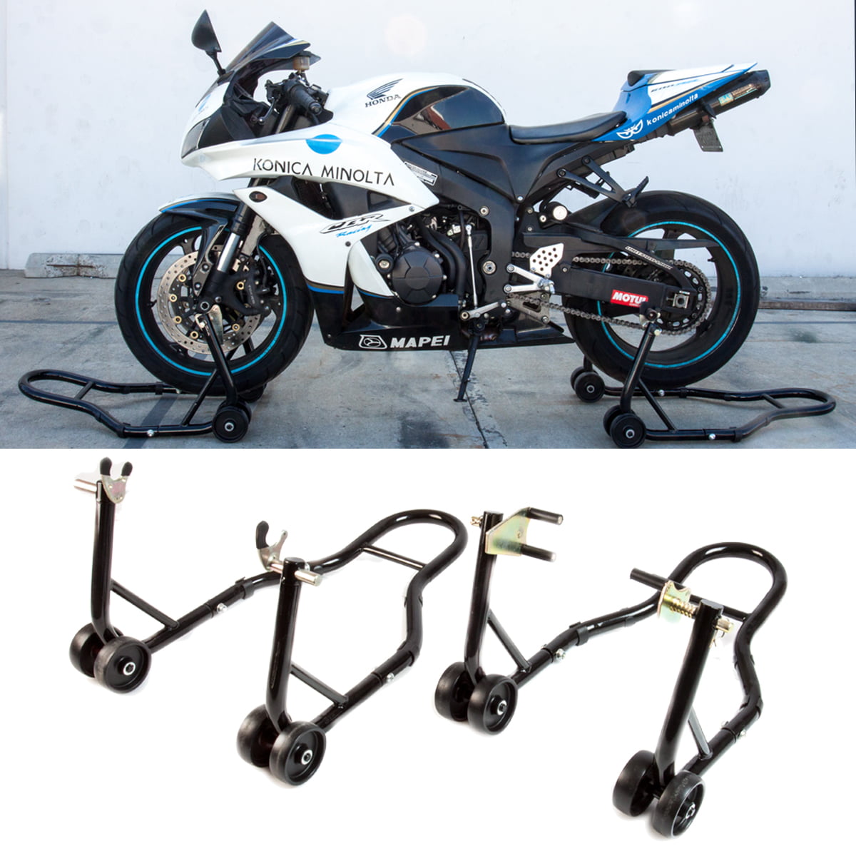 Black Motorcycle Stand Front and Rear Wheel Lift Paddock Hook Swingarm Universal
