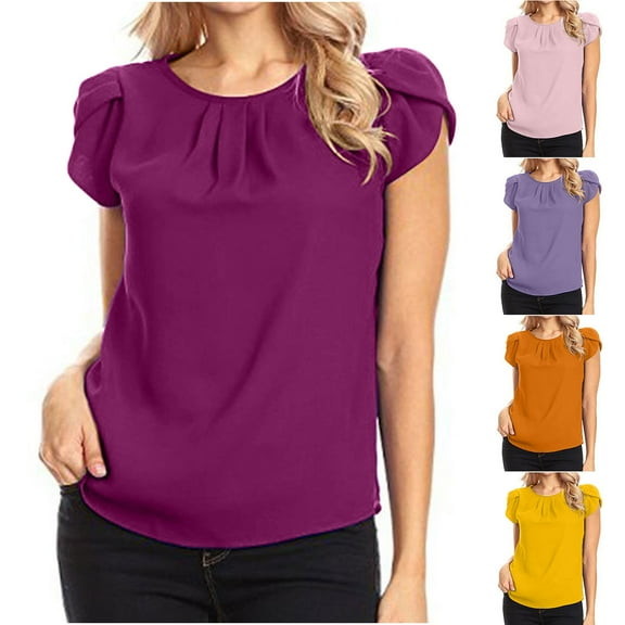 Fesfesfes Womens Oversized Tshirts Women's Chiffon Solid Color Short Sleeve Round Neck Casual Shirt Short Sleeve Blouse Shirts for Women S(US:4)