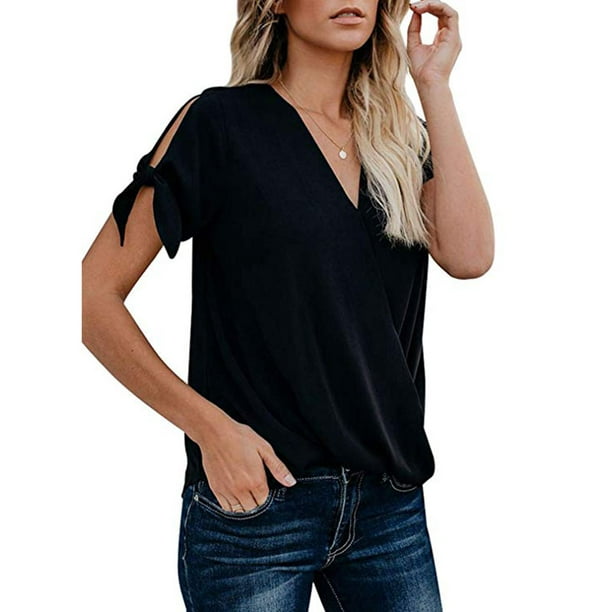 FNAC - Womens Casual Summer Tie Sleeve Wrap V Neck Chiffon Blouses Tops ...