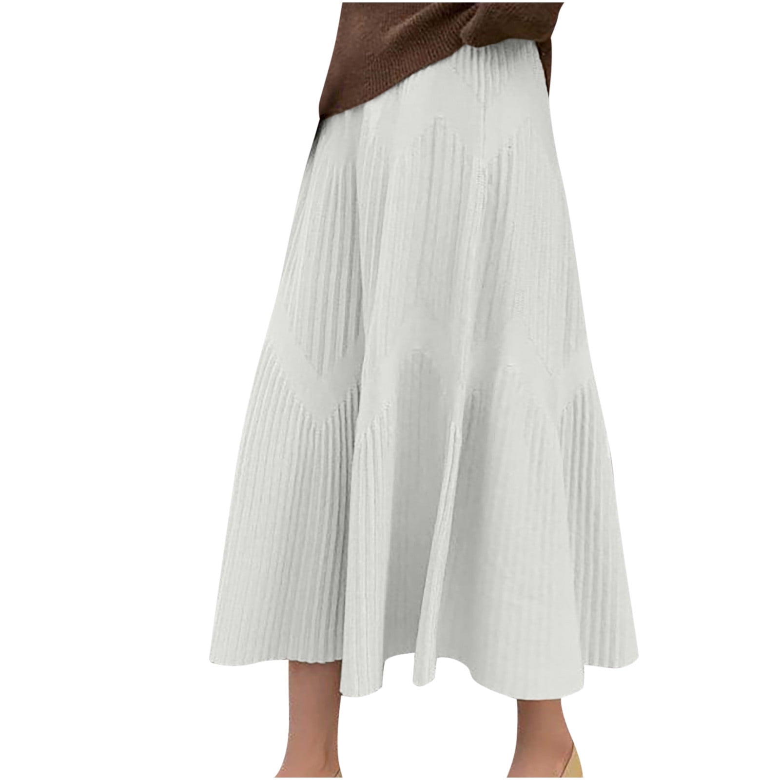 Winter Women Elastic High Waist Elegant A-Line Thick Knit Pleated Skirts