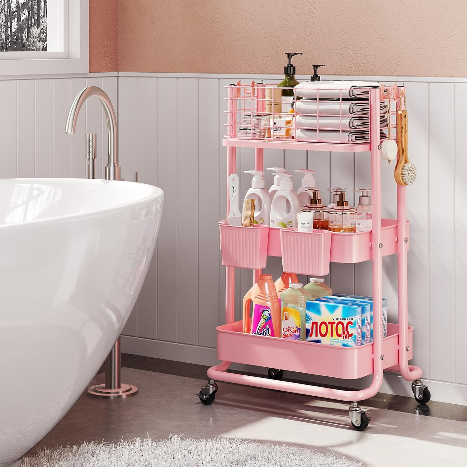 3 Tier Utility Rolling Cart, Metal Storage Cart with Lockable Wheels, Multifunctional Storage Organizer Trolley with Mesh Baskets for Kitchen, Living Room, Office, Bathroom, Garage, Pink
