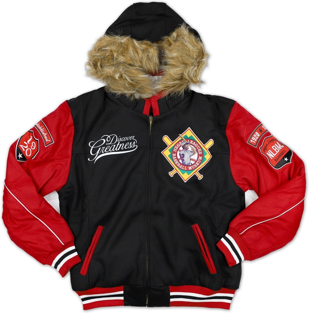 red jacket with black fur hood