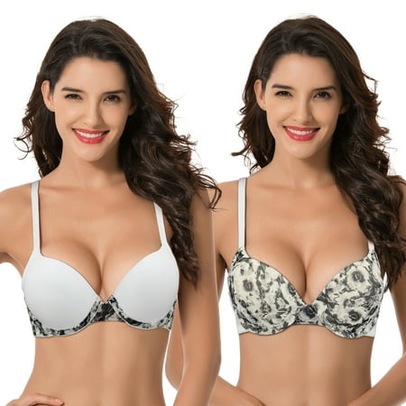 

Curve Muse Women s Plus Size Perfect Shape Add 1 Cup Push Up Underwire Bras-2PK-WHITE/PRINT BLACK WHITE-32D