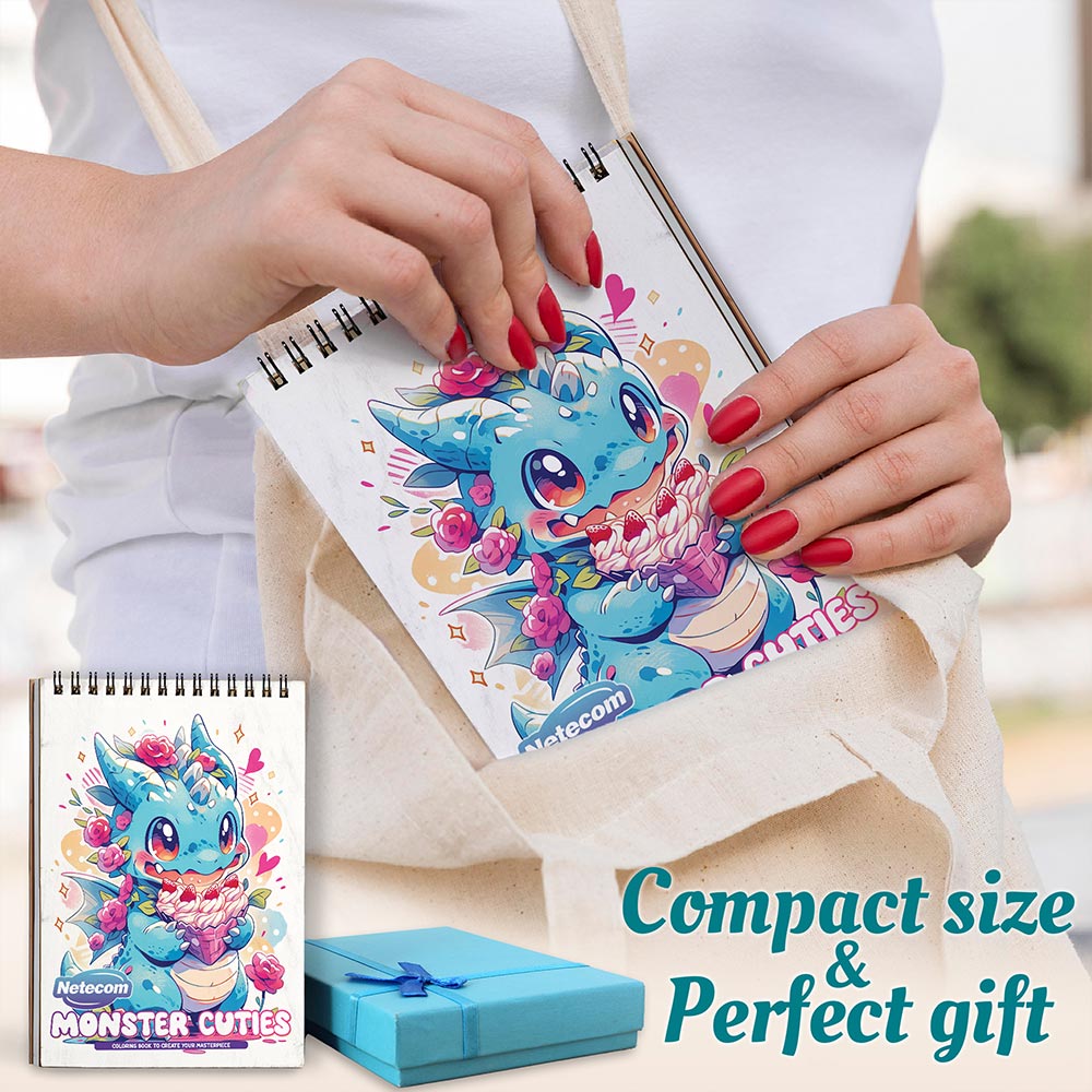 Netecom Monster Cuties Coloring Book Spiral Bound for Adults, A5 Wooden Cover, 30 Adorable Monsters Coloring Pages of Fanciful World for Stress Relief and Relaxation