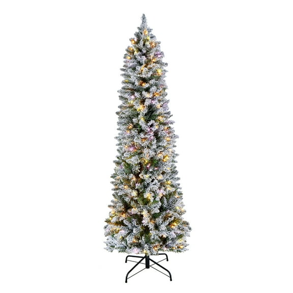 VEVOR Christmas Tree, 6ft Prelit Flocked Artificial Tree, Full Holiday Xmas Deco Trees with 240 Colorful LED Lights, 11 Lighting Modes & 635 Branch Tips for Home Party Office Decoration