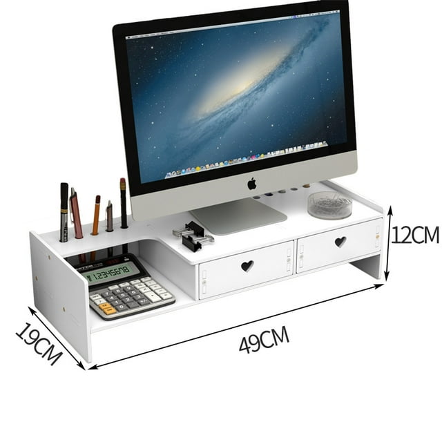 Adjustable Height Monitor Riser with Dual Drawer Storage - Sturdy Plastic Desktop Organizer Stand for Office/Home, Easy Assembly, Space-Saving Design for Computer Screens, Ideal for Clutter-Free