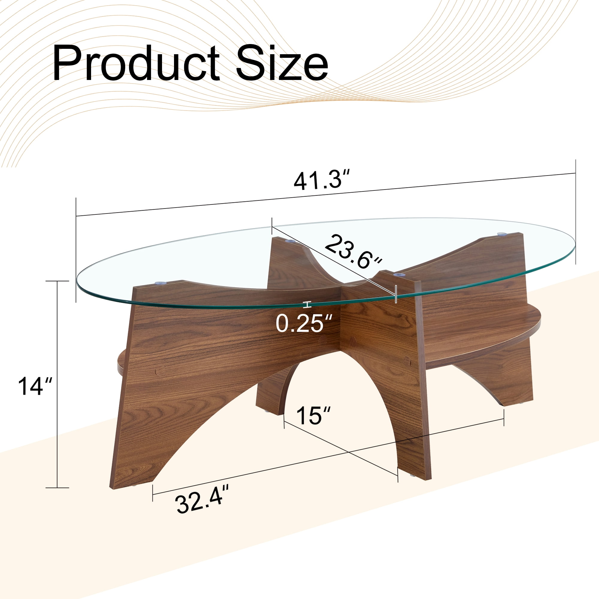 Oval Tempered Glass Coffee Table, 41.3"x23.6"