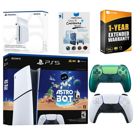 Sony PlayStation 5 Astro Bot Slim Digital Bundle with Disc Drive, Extra Controller, MightySkins Voucher and 1 Year Extended Warranty - Chroma Teal