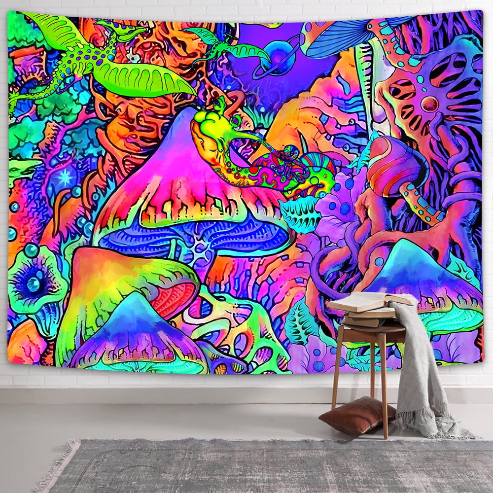 Trippy Mushrooms Tapestry Psychedelic Wall Decor, Hippie Art Tapestry Wall Hanging, Fantasy Fairy Forest Dragon Snails Home Decor Wall Art Decor Boho Tapestries for Bedroom Living Room Dorm Party