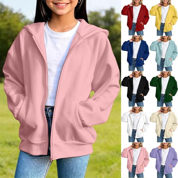 Girls Zip Up Hoodies, Teen Full-Zip Hooded Sweatshirt Jacket, Casual Fall Long Sleeve Solid Lightweight Outerwear with Pockets Yellow 170