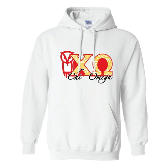 Chi Omega Hooded Sweatshirt Paisley Print Greek Letters Design White & Sport Gray