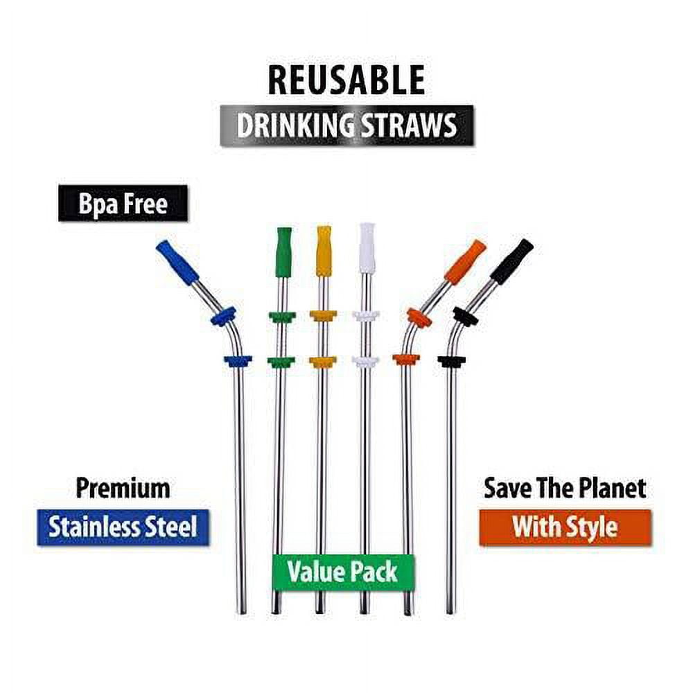 Reusable Straws Stainless Steel Straws -(10 Pack) with Silicone Tips,  Cleaning Brushes and Storage Pouch - 8.5 inch Reuse Straight and Curved  Drinking