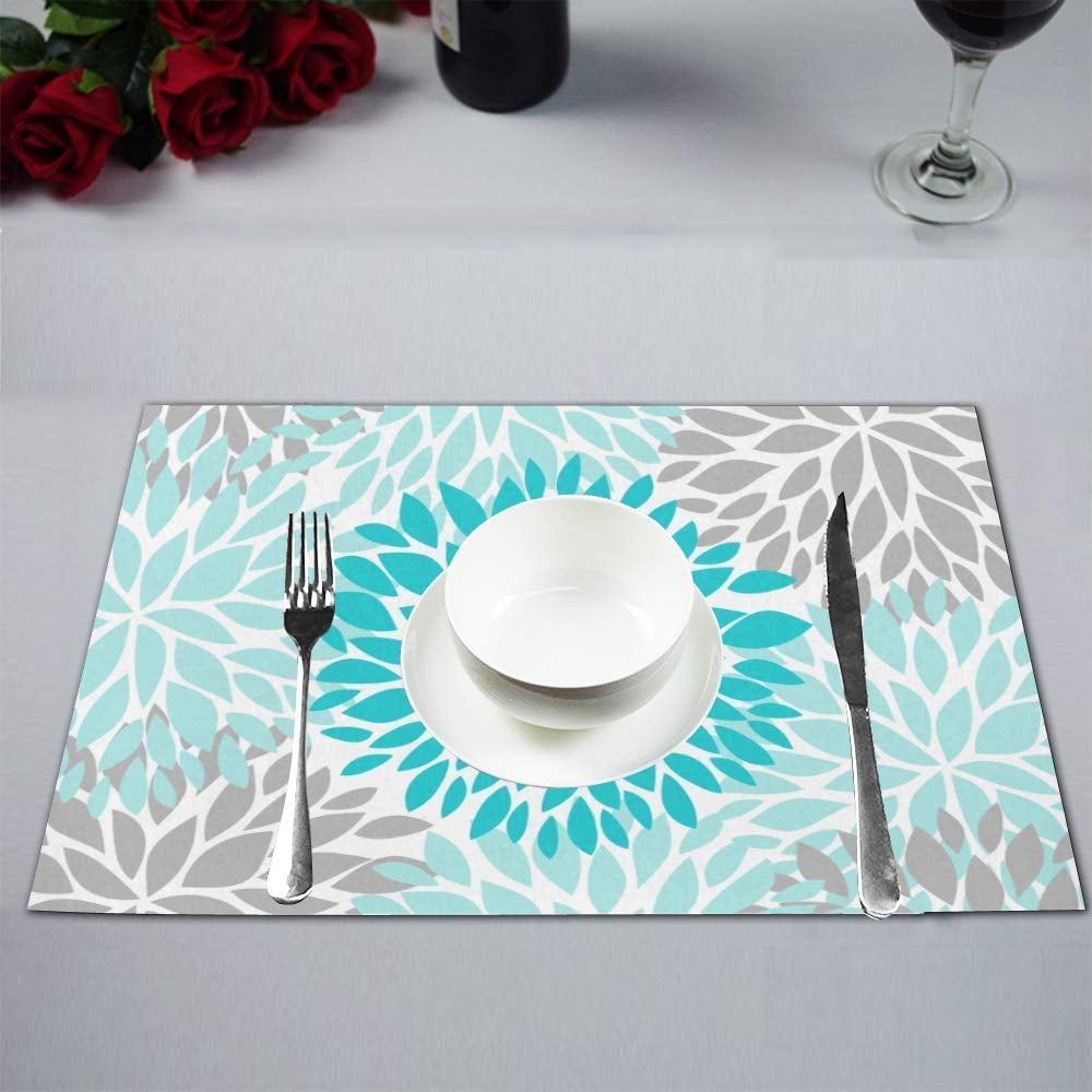 MKHERT Dahlia Pinnata Flower Turquoise Blue and Gray Placemats Table