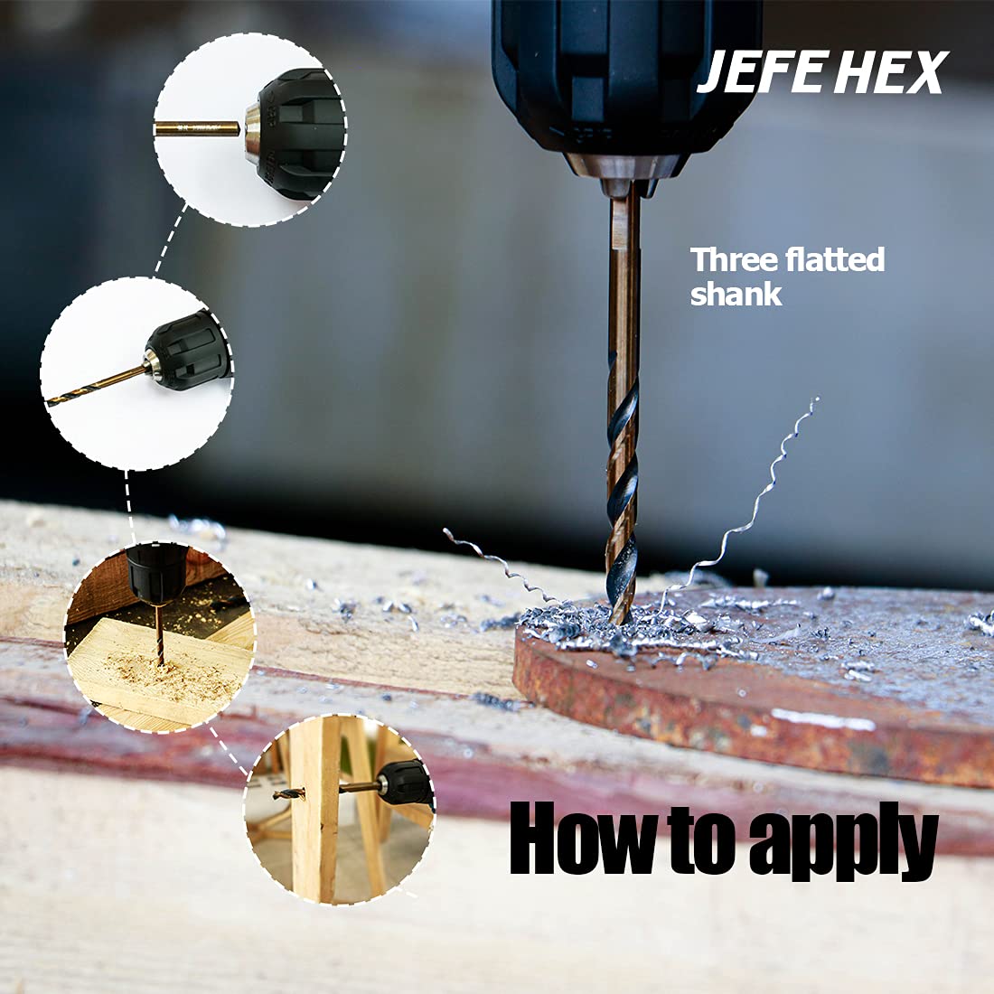 JEFE HEX 1/2" Dia. 5" OAL , 3-Flat Shank HSS Twist Drill Bit, Black and Gold Finish, 135 Degree Split Point (6-Piece)