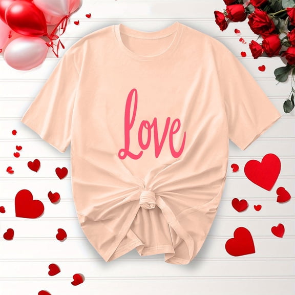 Purcolt Valentine's Day Women's Letter T-Shirt Casual Round Neck Loose Fit Comfy Short Sleeve Love Graphic Print Tees Tops