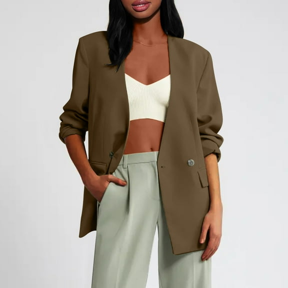 ITSAME Blazer for Womens, Solid Color Loose Fit Long Sleeve Pockets Casual Suit Jacket Army Green 2XL