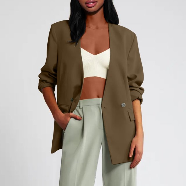 Styesk Blazers for Women Business Casual Outfits Open Front Long Sleeve Blazer Jackets Solid Color Lapel Padded Shoulder Long Suit Jackets Loose Fit Button Work Office Suit Jacket