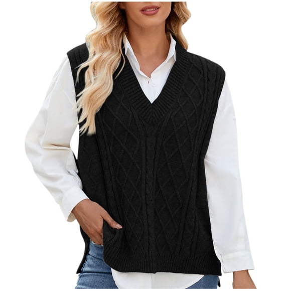 XuJwPNcy Womens V Neck Sweater Vest Casual Cable Knitted Sleeveless Trendy Pullover Tank Tops Split Hem Fall Casual Outfits