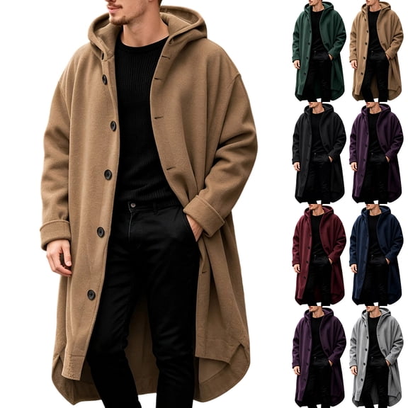 Chiccall Mens Trench Coat Wool Blend Single Breasted Jacket Loose Fit Winter Warm Casual Overcoat with Hood
