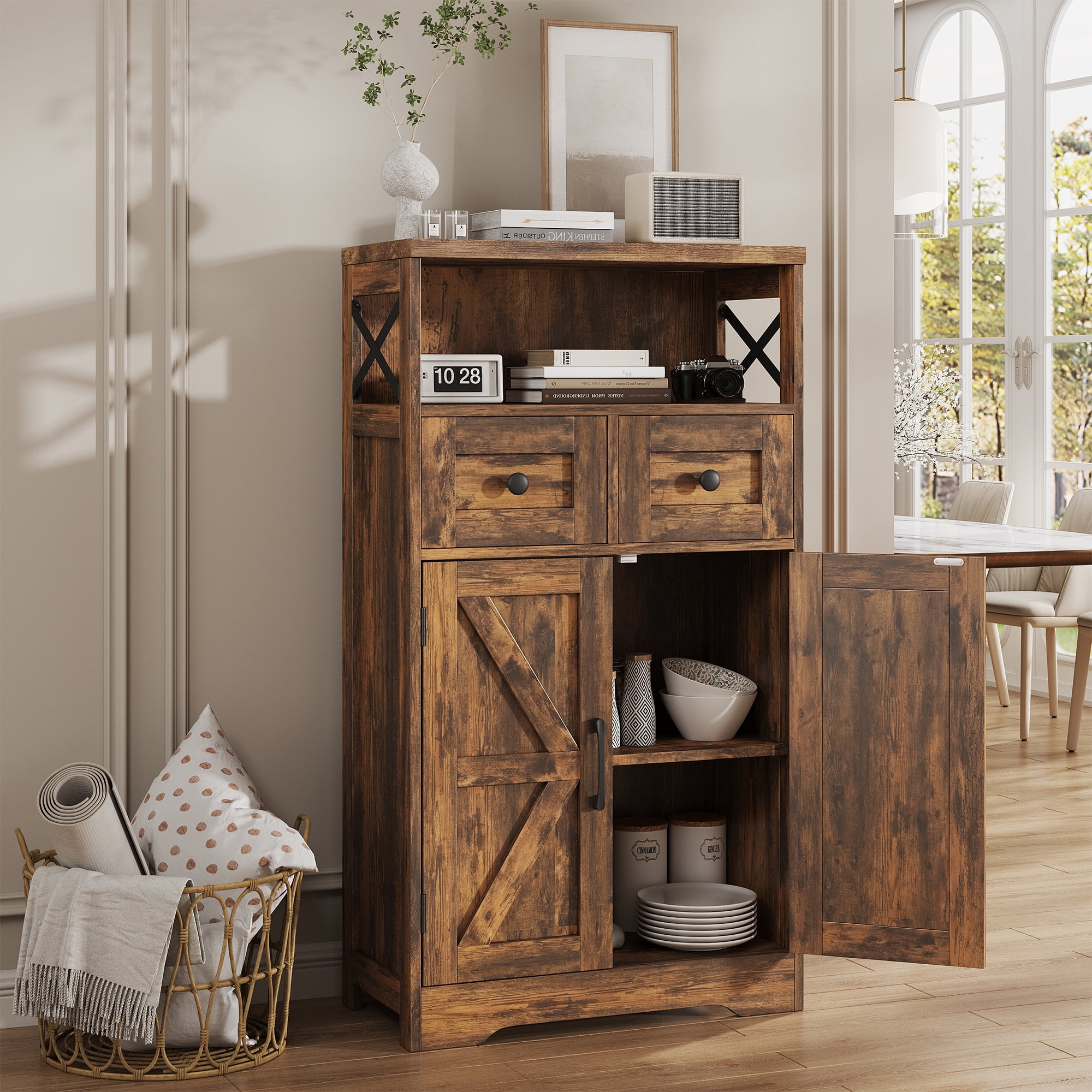 Farmhouse Storage Cabinet with Drawers and Shelves, Freestanding Kitchen Pantry Storage Cabinet, Floor Storage Cabinet Hutch Cupboard for Dining/Living Room/Home Office, Rustic Brown